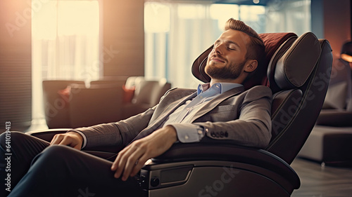 A businessman is relaxing on her massage chair in the living room while napping..generative ai