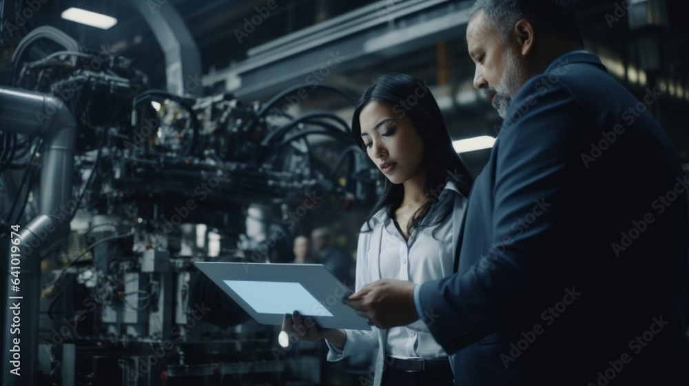 Industrial engineer with computer in a factory by AI generate.. Industrial engineer with computer in a factory by AI generate..