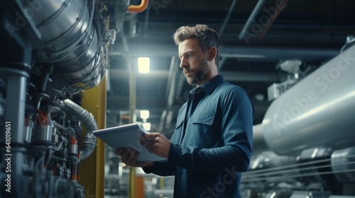 Industrial engineer with computer in a factory by AI generate..