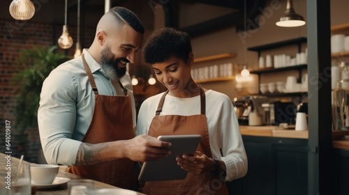 Small business owners working orders on tablet computer in restaurant by AI generate.