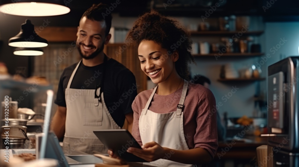 Small business owners working orders on tablet computer in restaurant by AI generate.