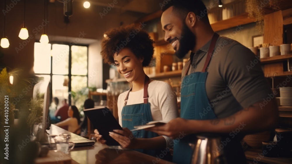 Small business owners working orders on tablet computer in restaurant by AI generate. Small business owners working orders on tablet computer in restaurant by AI generate.