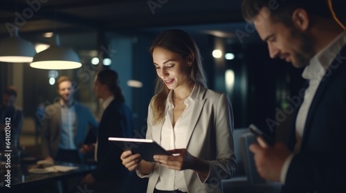 Businesswoman discussing with colleagues in conference room at night of working late by generative AI illustration.