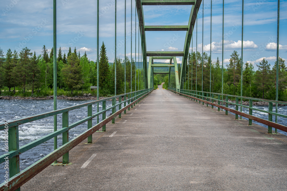 Green metal bridge with asphalt road leading to green forest