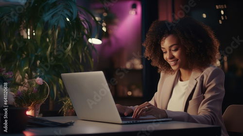 Businesswoman of African-American Ethnicity sitting at the office table working on laptop computer at night of working late by generative AI illustration.
