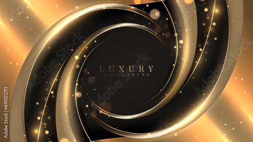 Luxury black background with gold curve frame space elements and glitter light effect decorations with bokeh. Vector illustration.