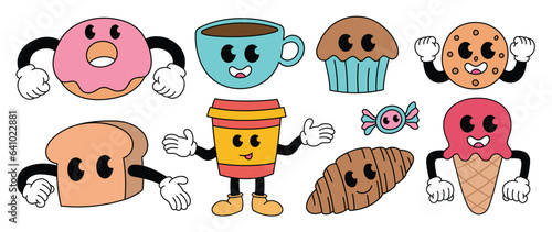 Set of 70s groovy element dessert and coffee concept vector. Collection of cartoon character, doodle smile face, donut, ice cream, croissant. Cute retro groovy hippie design for decorative, sticker.