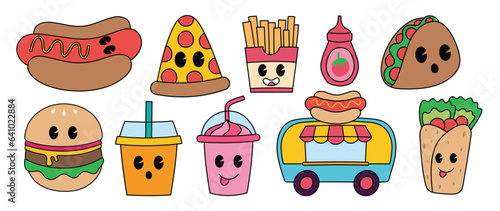 Set of 70s groovy element food truck concept vector. Collection of cartoon character, doodle smile face, hamburger, pizza, taco salad, smoothie. Cute retro groovy hippie design for decorative, sticker