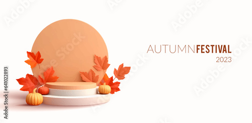 Autumn banner with fall leaves decorated showcase