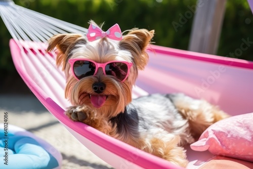 Dog Laid-Back Yorkshire_Terrier: Unwinding on Vacation on the beach. Generative AI