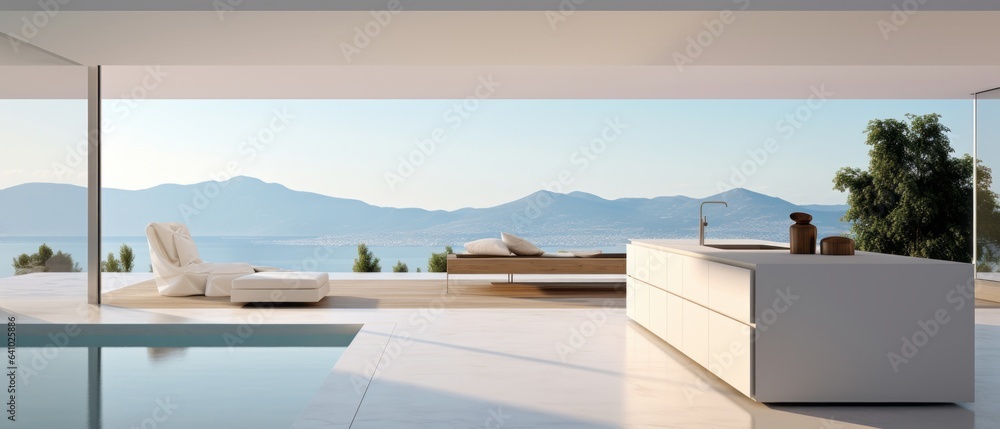 Fototapeta premium Building Exterior luxury of kitchen room with sea view by generative AI illustration.