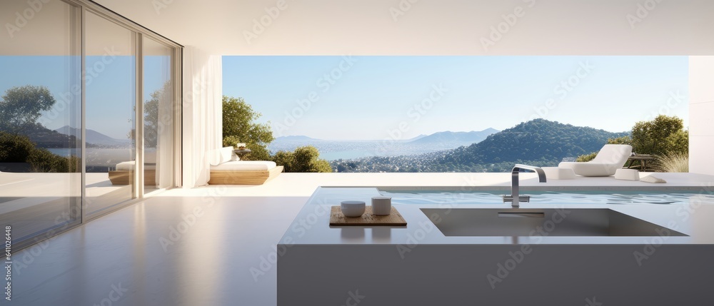 Fototapeta premium Building Exterior luxury of kitchen room with sea view by generative AI illustration.