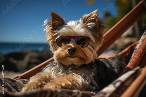 Dog Laid-Back Yorkshire_Terrier: Unwinding on Vacation on the beach. Generative AI © Anthony Paz
