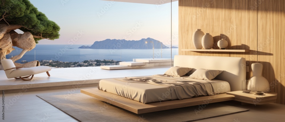 Fototapeta premium Building Exterior luxury of bedroom house, hotel and resort with sea view at sunset by generative AI illustration.