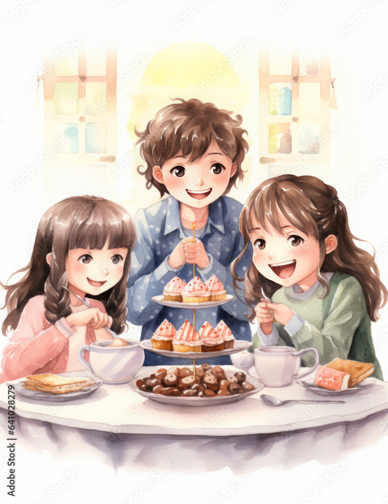Children eating cakes in the kitchen, illustration in children's drawing style Children eating cakes in the kitchen, illustration in children's drawing style