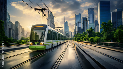 Sustainable Urban Transit: Eco-Friendly Train in Modern City Landscape, Green Transportation Solution, Modern City Commuting, Environmental-Focused Rail System
