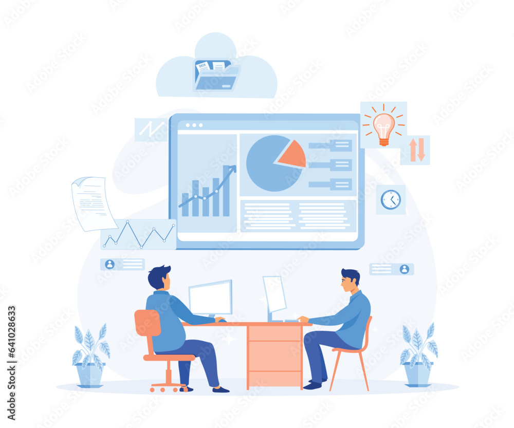 digital workspace, remote work and teamwork concept. Corporate business team having a meeting in a virtual office room. flat vector modern illustration