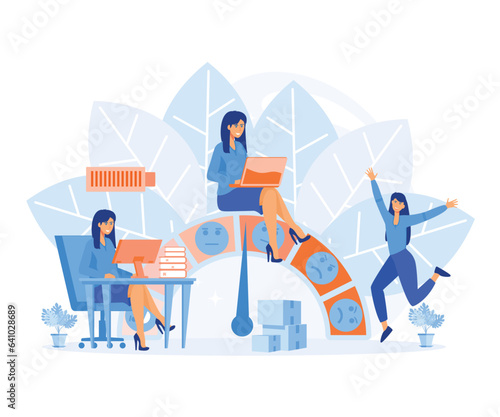 Low Stress level, good mood indicator. Energetic business woman working at table with computer. Mentally healthy employee. flat vector modern illustration 