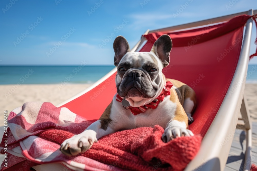 Dog Laid-Back Bulldog: Unwinding on Vacation on the beach. Generative AI