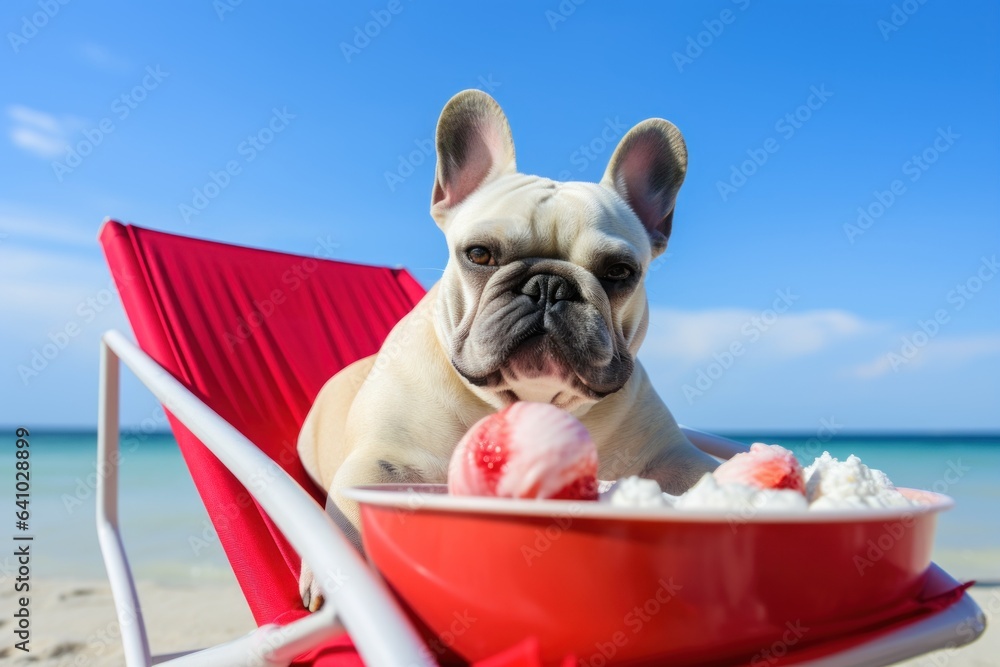 Dog Laid-Back Bulldog: Unwinding on Vacation on the beach. Generative AI
