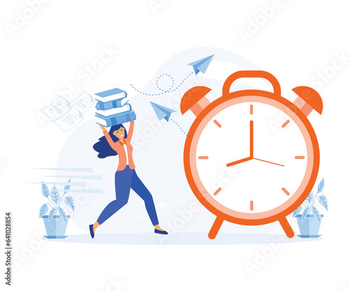 An Objective Assessment Possibilities Deadline. Close up Alarm Clock. young woman run with huge of document. flat vector modern illustration © Alwie99d