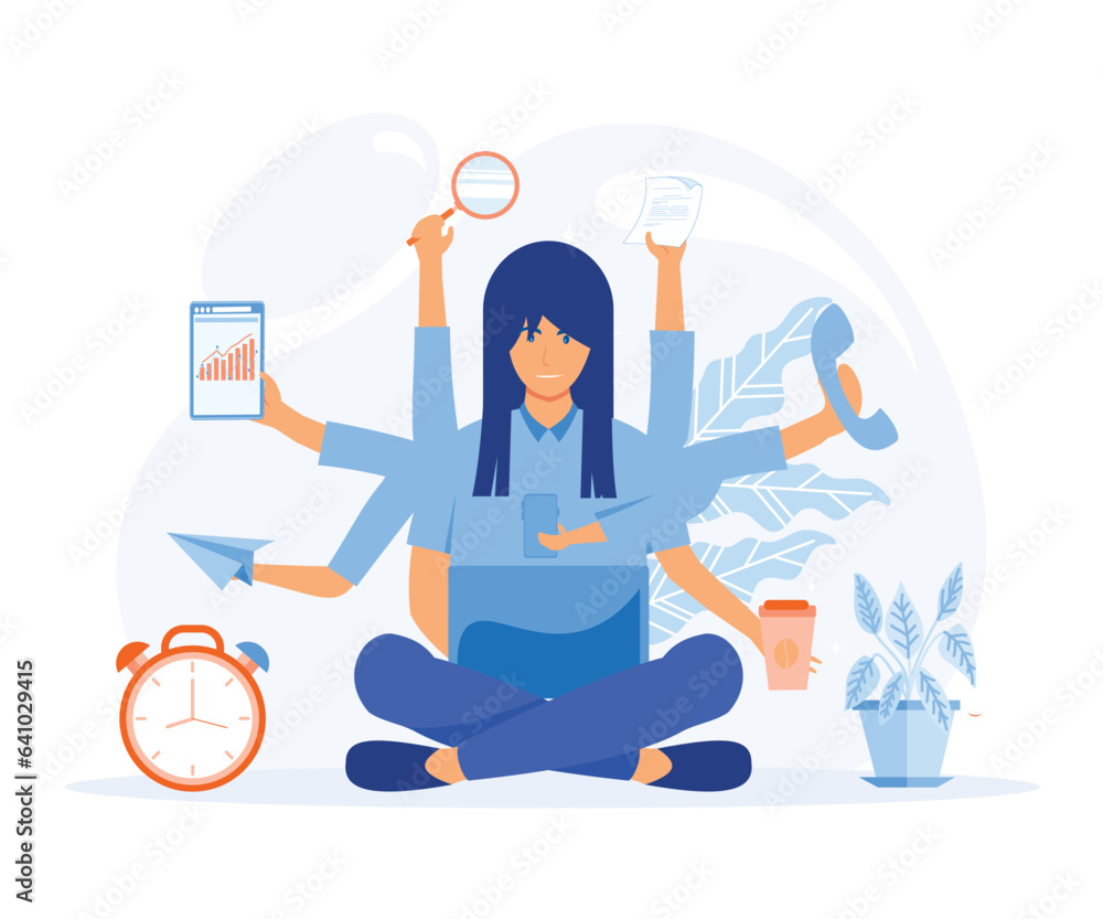 Multitasking. Time management. concept of businesswoman practicing meditation. flat vector modern illustration 