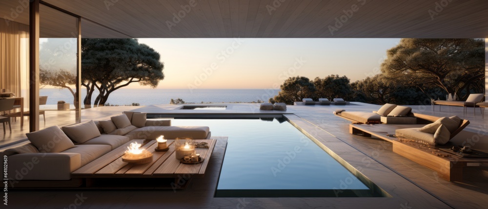 Fototapeta premium Building Exterior luxury of living room with sea view by generative AI illustration.