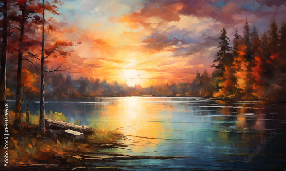 Sunset Lake - a landscape with a beautiful, peaceful sunset and a calm lake.
Generative AI