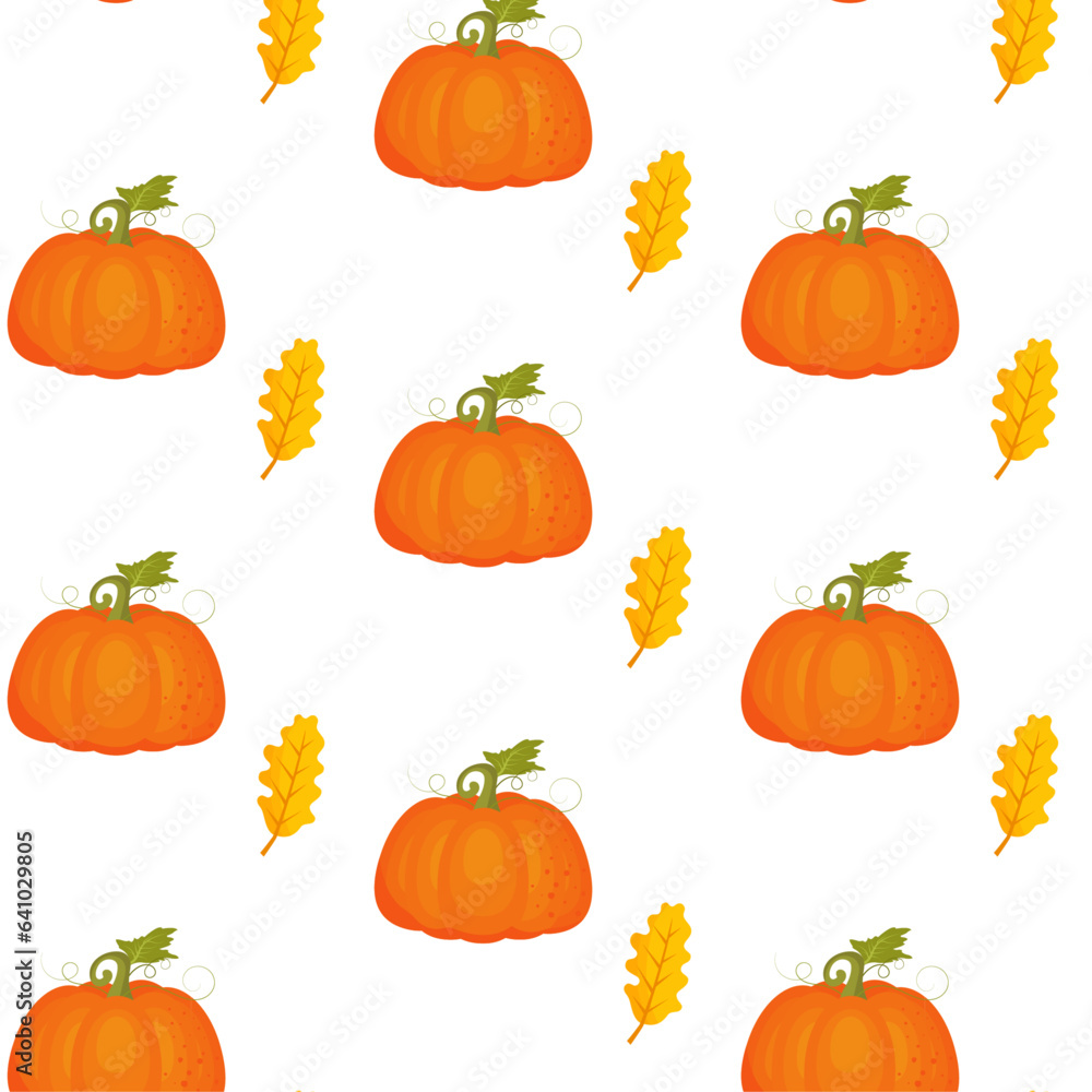 Seamless pattern of orange pumpkins and oak leaves. Vector illustration in cartoon style on a white background. Seamless pattern of orange pumpkins and oak leaves. Vector illustration in cartoon style on a white background.