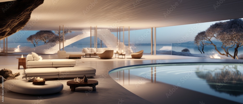 Fototapeta premium Building Exterior luxury of living room with sea view by generative AI illustration.