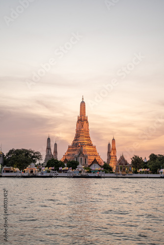 Wat Arun Temple during Sunset at Chao Praya River Bangkok  Thailand.