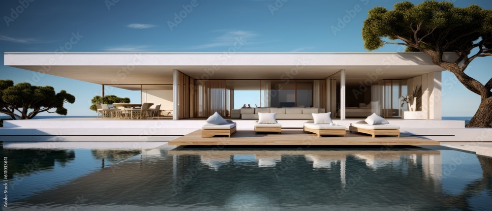 Fototapeta premium Building Exterior luxury of living room with sea view by generative AI illustration.