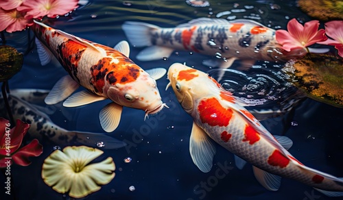 Koi fishes swimming in a koi fish pond created with AI