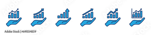 Data analytics icons set. Analysis, infographic icon symbol in colours style. hands holding data analytics or growing graph. Vector illustration
