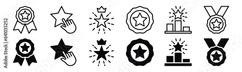 Ranking icons set. Rank icon in thin line and flat style. Medal, stars, award, champion, winner, victory, success, prize, celebration, podium, badge icon symbol. Editable stroke. Vector illustration