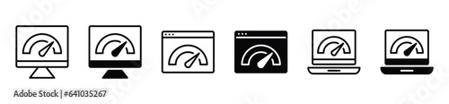 Website speed icons set. Internet speed, speedometer and monitor, performance, fast icon symbol in thin line and flat style. Editable stroke. Vector illustration