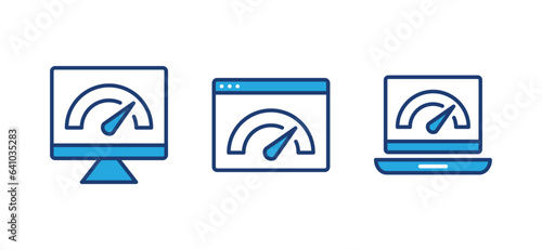Website speed icons set. Internet speed, speedometer and monitor, performance, fast icon symbol in colours style. Editable stroke. Vector illustration