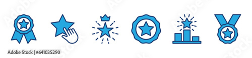 Ranking icons set. Rank icon in colours style. Medal, stars, award, champion, winner, victory, success, prize, celebration, podium, badge icon symbol. Editable stroke. Vector illustration