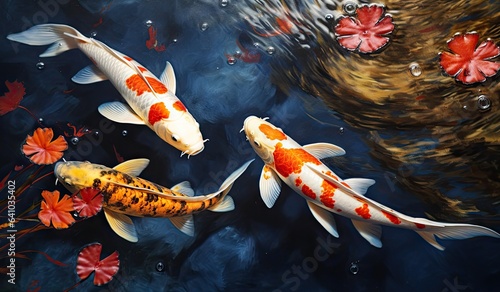 Koi fishes swimming in a koi fish pond created with AI photo