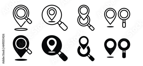Local SEO icons set. Map pin location, place marker, pointer, GPS with magnifying glass icon symbol in thin line and flat style. Vector illustration