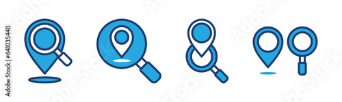 Local SEO icons set. Map pin location, place marker, pointer, GPS with magnifying glass icon symbol in thin line and flat style. Vector illustration