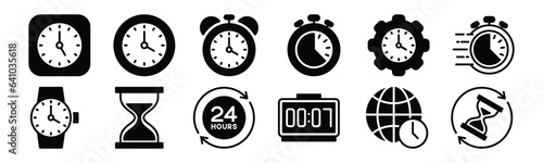 Timers icon set. Time and clocks flat icons. Stopwatch, countdown, hourglass, alarm, watch, gear, world clock icon symbol. Vector illustration
