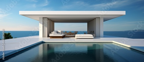 Building Exterior luxury of living room with sea view by generative AI illustration. © MOMO