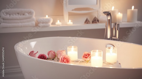 Candles with rose flowers in the bathroom