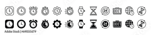 Timers icon set. Time and clocks thin line and flat icons. Stopwatch, countdown, hourglass, alarm, watch, gear, world clock icon symbol. Vector illustration