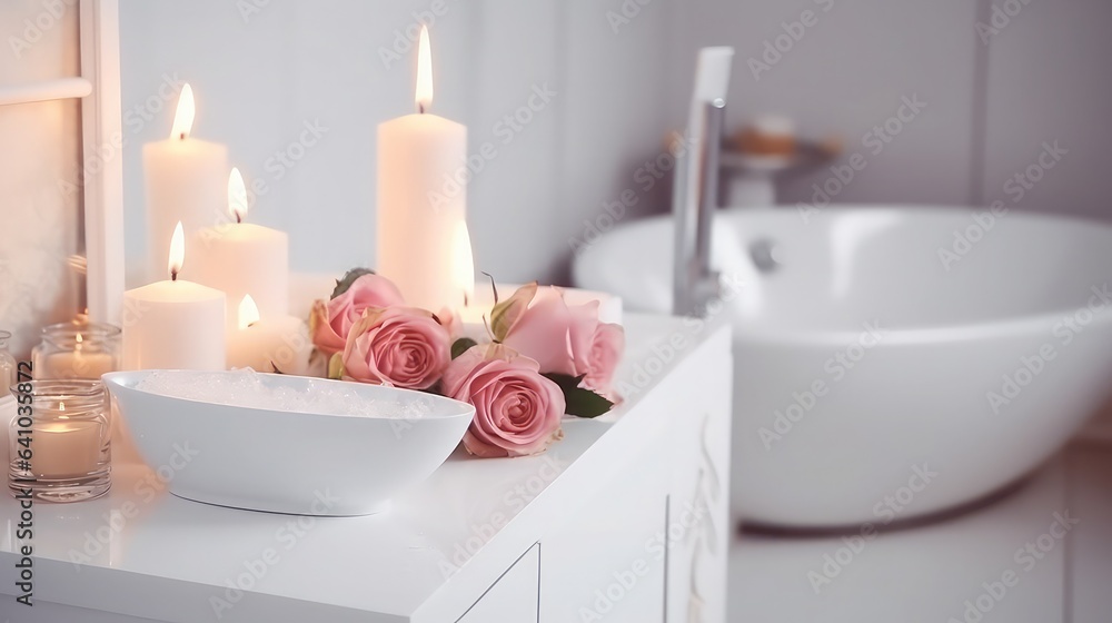 Candles with rose flowers in the bathroom