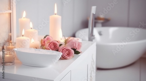 Candles with rose flowers in the bathroom