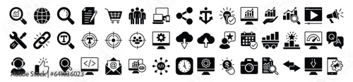 SEO icons set. Search Engine Optimization icon symbol collection. Search, analytics, marketing, analysis, traffic, link, development, optimization, websites, social media, business, and other