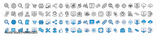 SEO line icons set. Search Engine Optimization icon symbol collection. Search, analytics, marketing, analysis, traffic, link, development, optimization, websites, social media, business, and other