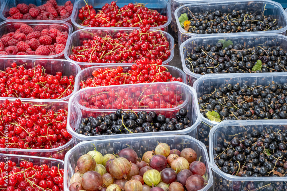 Different kinds of red and blue berries for sale at a market